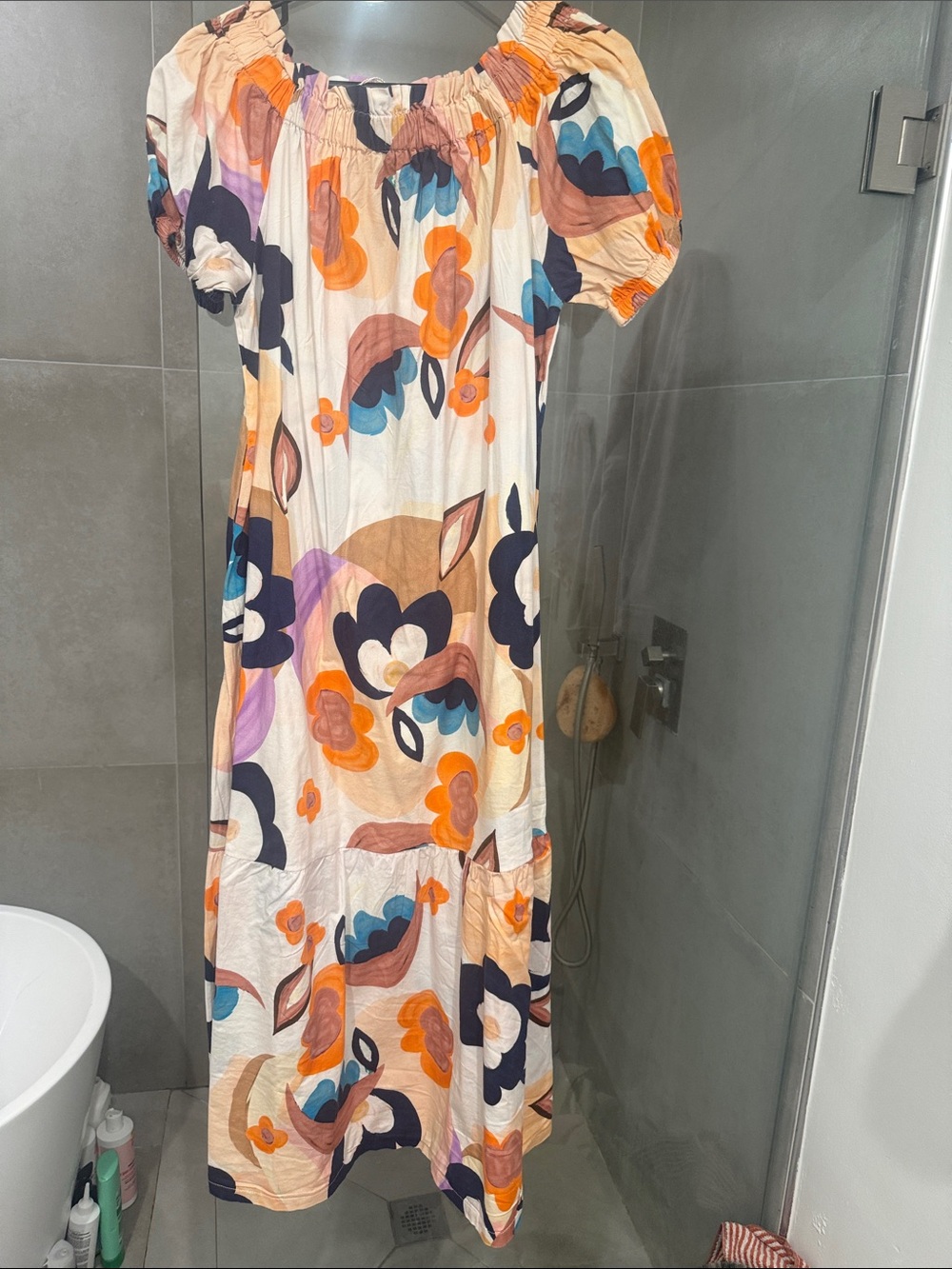 Bohemian Floral Maxi Dress in Cream, Orange & Navy